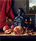 Still Life with Peaches, Whitecurrants, Hazelnuts, a Glass and a Stoneware Jug on a wooden Ledge with a Landscape beyond